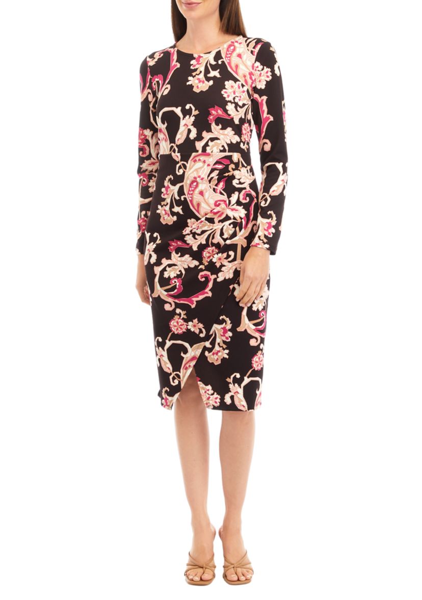 Womens Long Sleeve Floral Tulip Hem Midi Dress