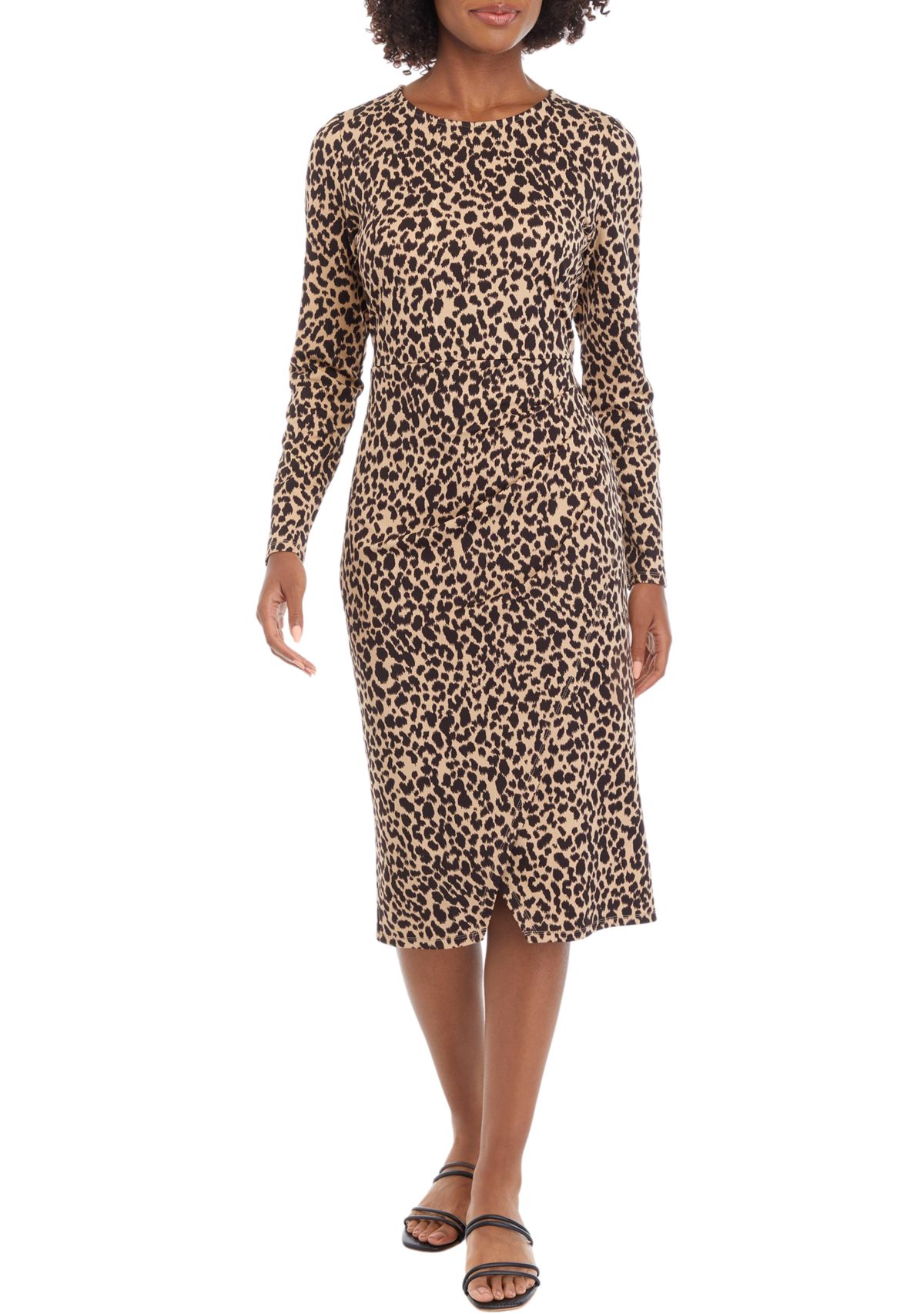Womens Long Sleeve Faux Wrap Midi Dress
