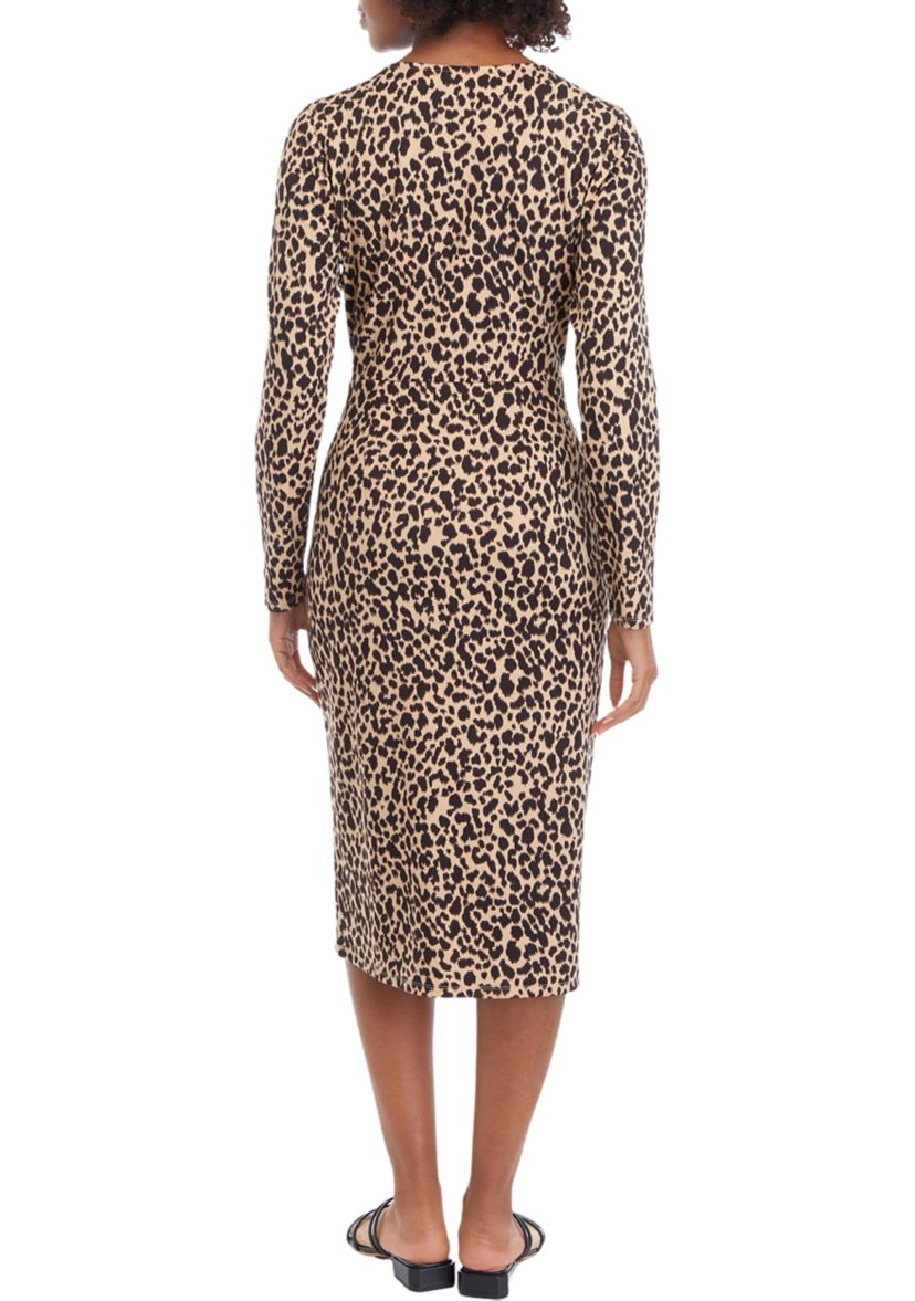 Womens Long Sleeve Faux Wrap Midi Dress