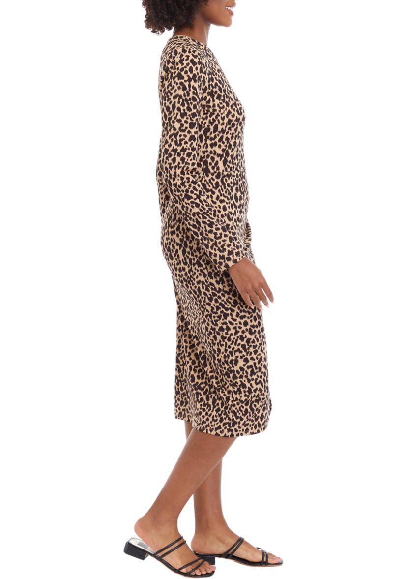 Womens Long Sleeve Faux Wrap Midi Dress
