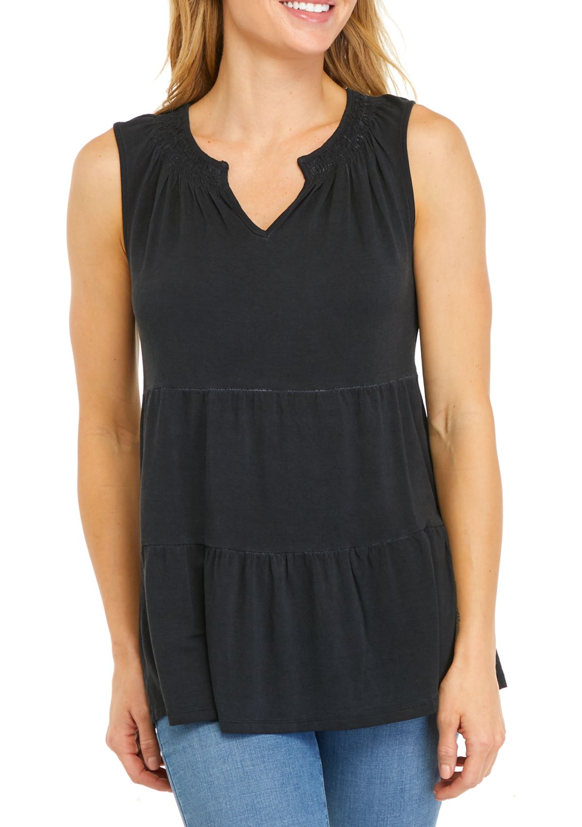 Womens Split Neck Sleeveless Julianna Crepe Tunic Tank Top 