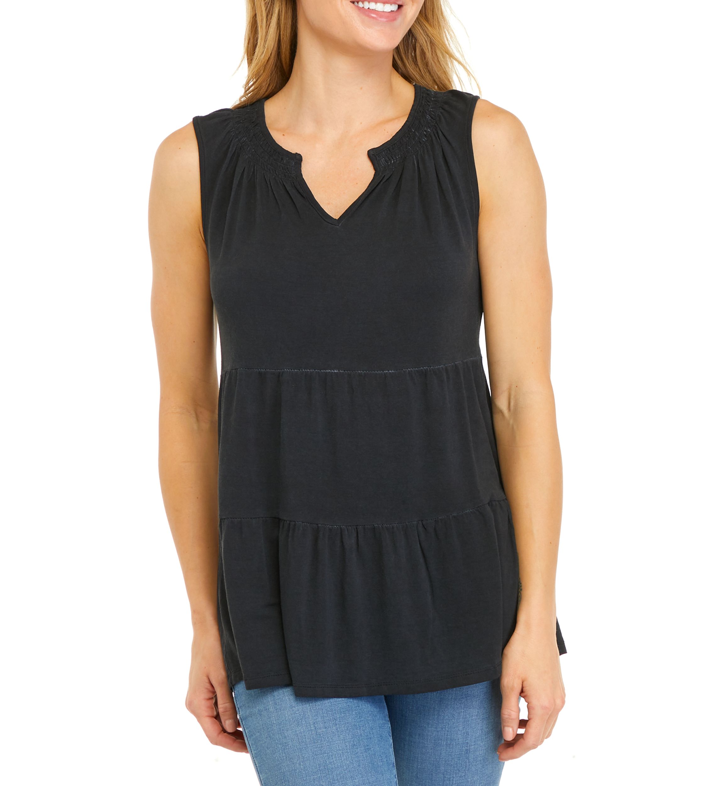 Womens Split Neck Sleeveless Julianna Crepe Tunic Tank Top 