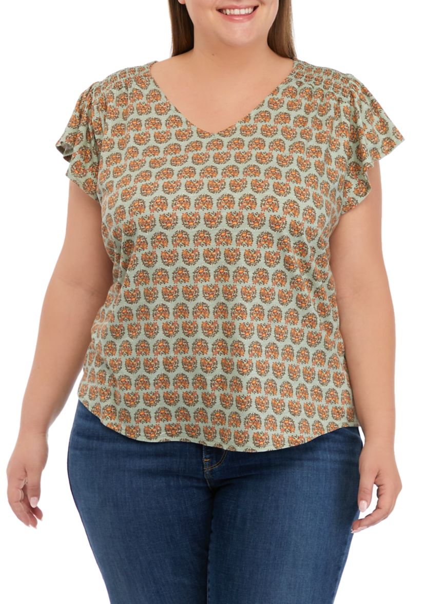 Plus Size Flutter Sleeve Smocked Shoulder Top 