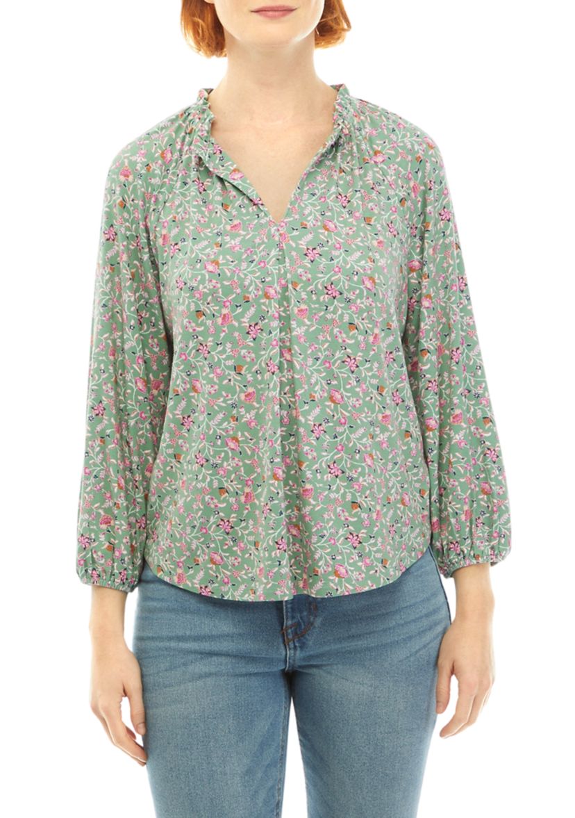Petite 3/4 Sleeve Printed Jacquard Peasant Top