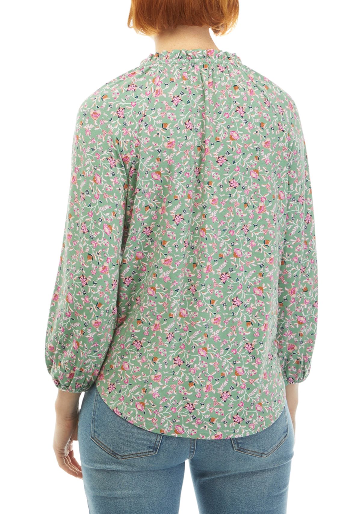 Petite 3/4 Sleeve Printed Jacquard Peasant Top