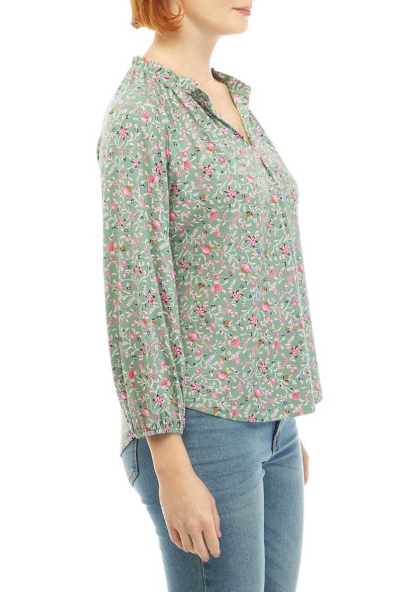 Petite 3/4 Sleeve Printed Jacquard Peasant Top