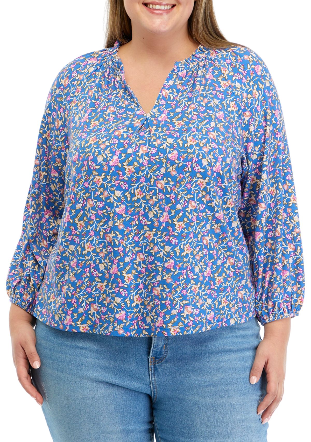 Plus Size Printed Peasant Top 