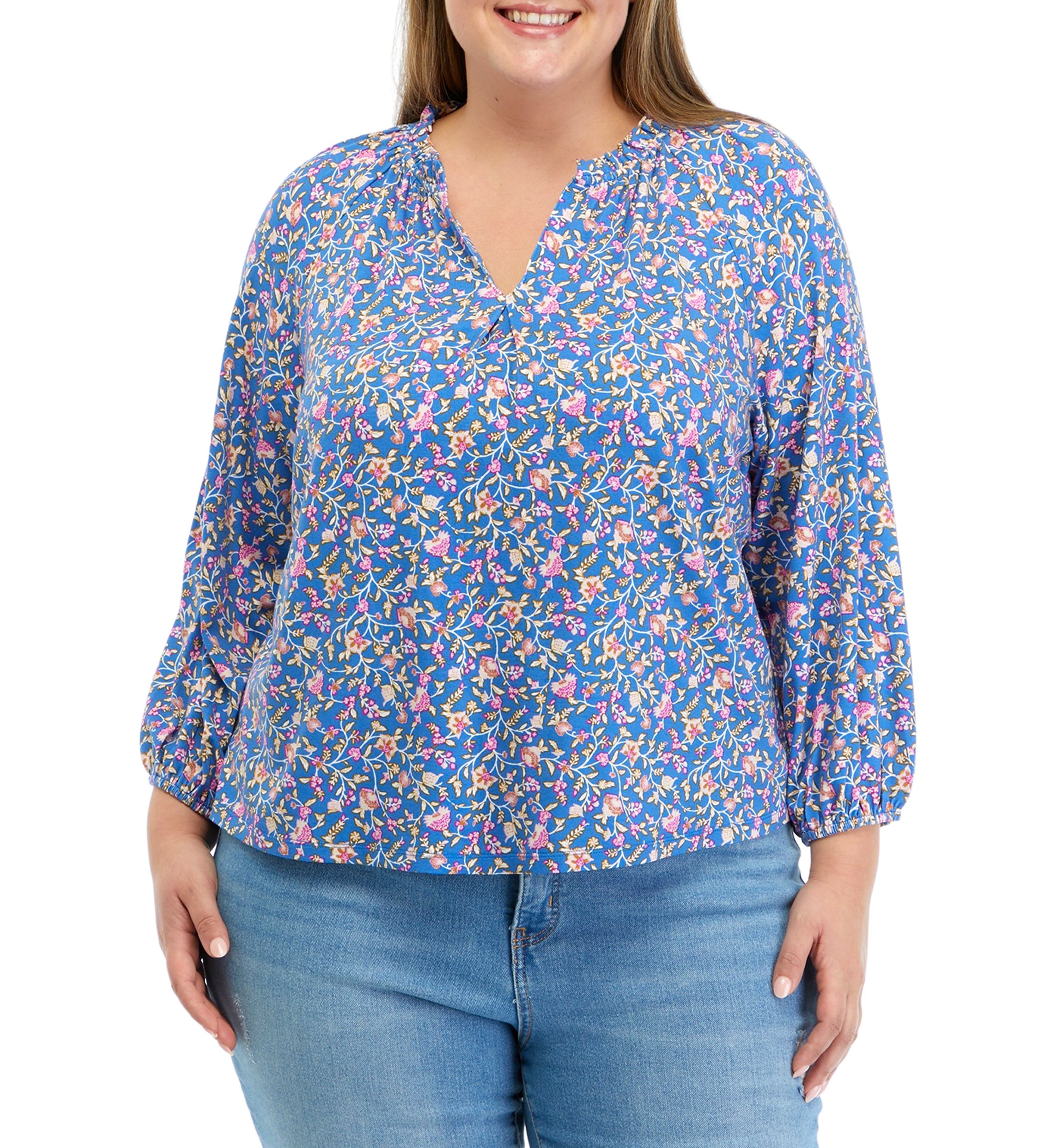 Plus Size Printed Peasant Top 