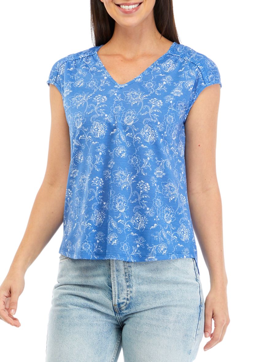 Womens Printed V-Neck Top with Shirred Shoulders