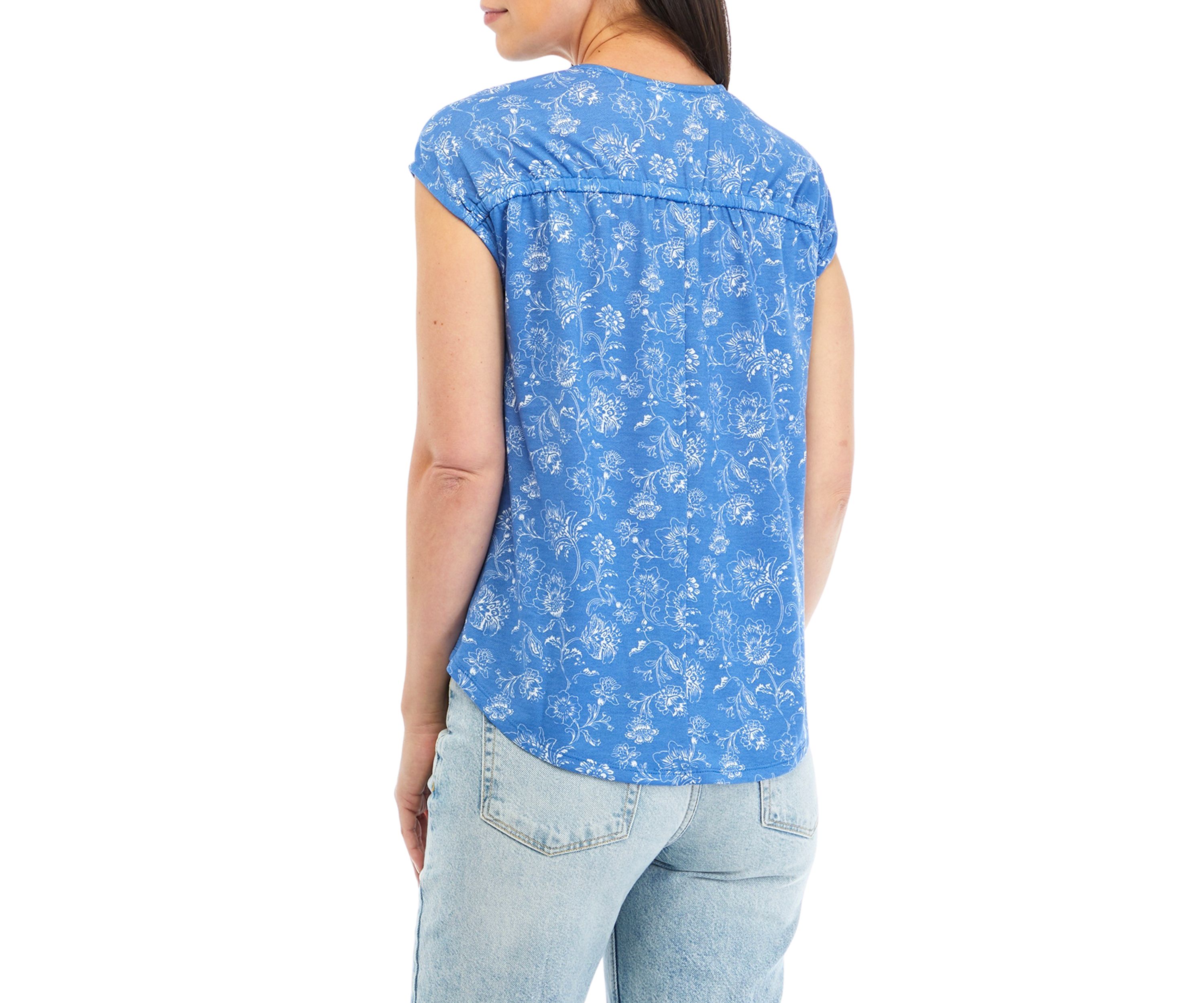 Womens Printed V-Neck Top with Shirred Shoulders