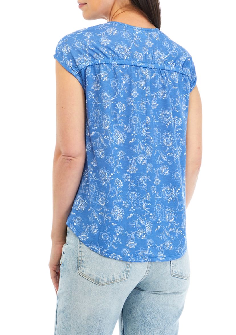 Womens Printed V-Neck Top with Shirred Shoulders