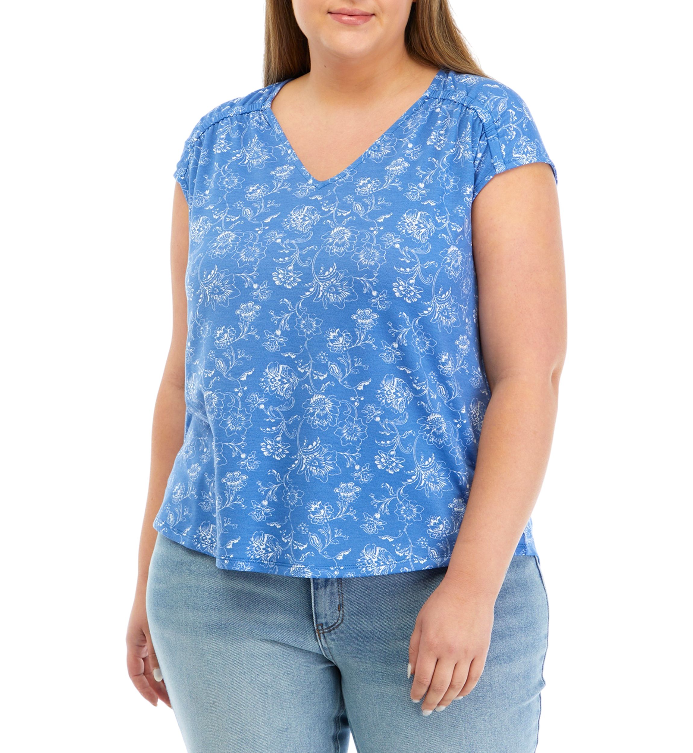 Plus Size Shirred Shoulder V-Neck Top