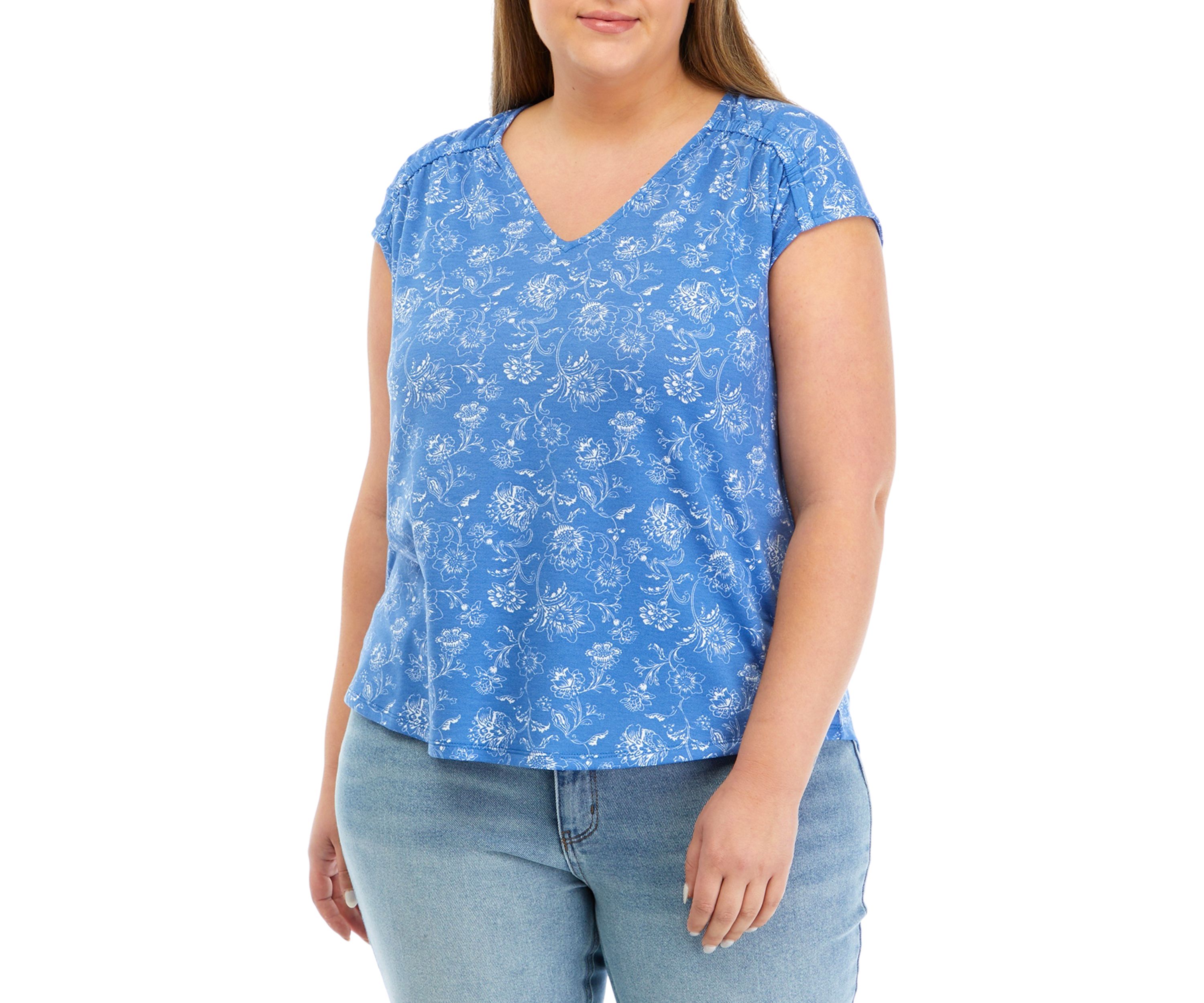 Plus Size Shirred Shoulder V-Neck Top