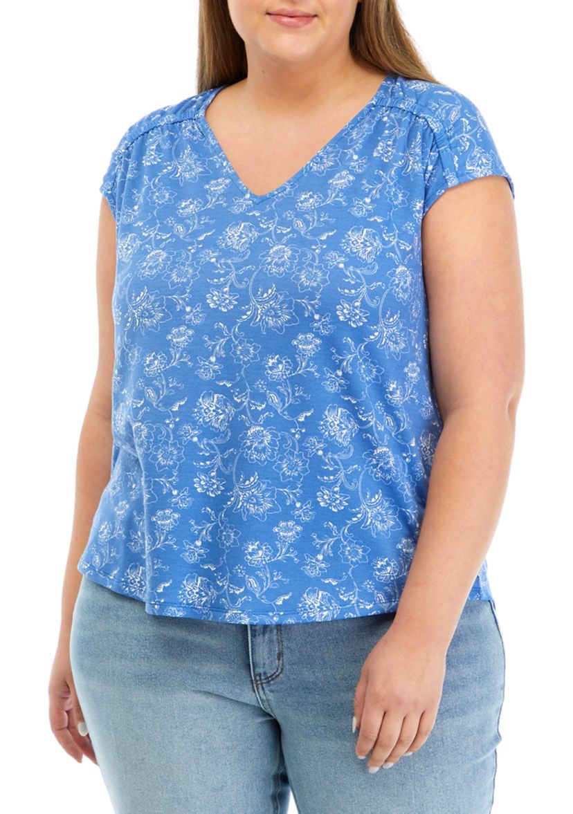 Plus Size Shirred Shoulder V-Neck Top