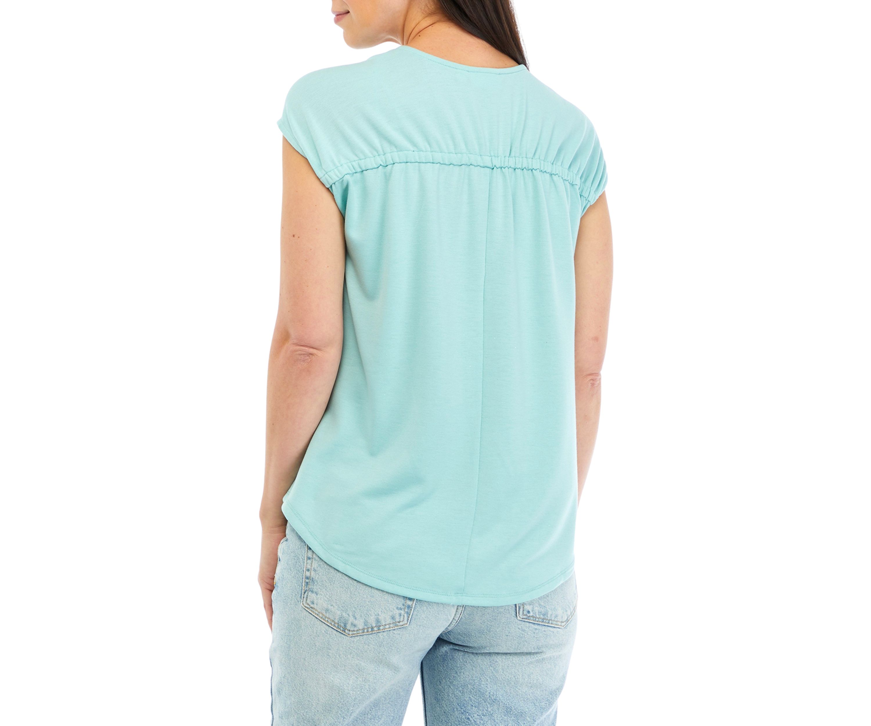 Womens Shirred Shoulder V-Neck Top