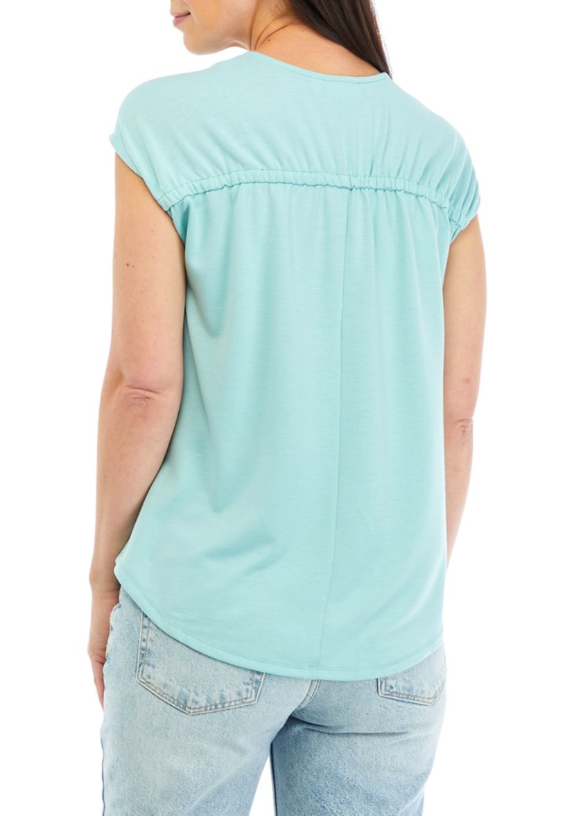 Womens Shirred Shoulder V-Neck Top