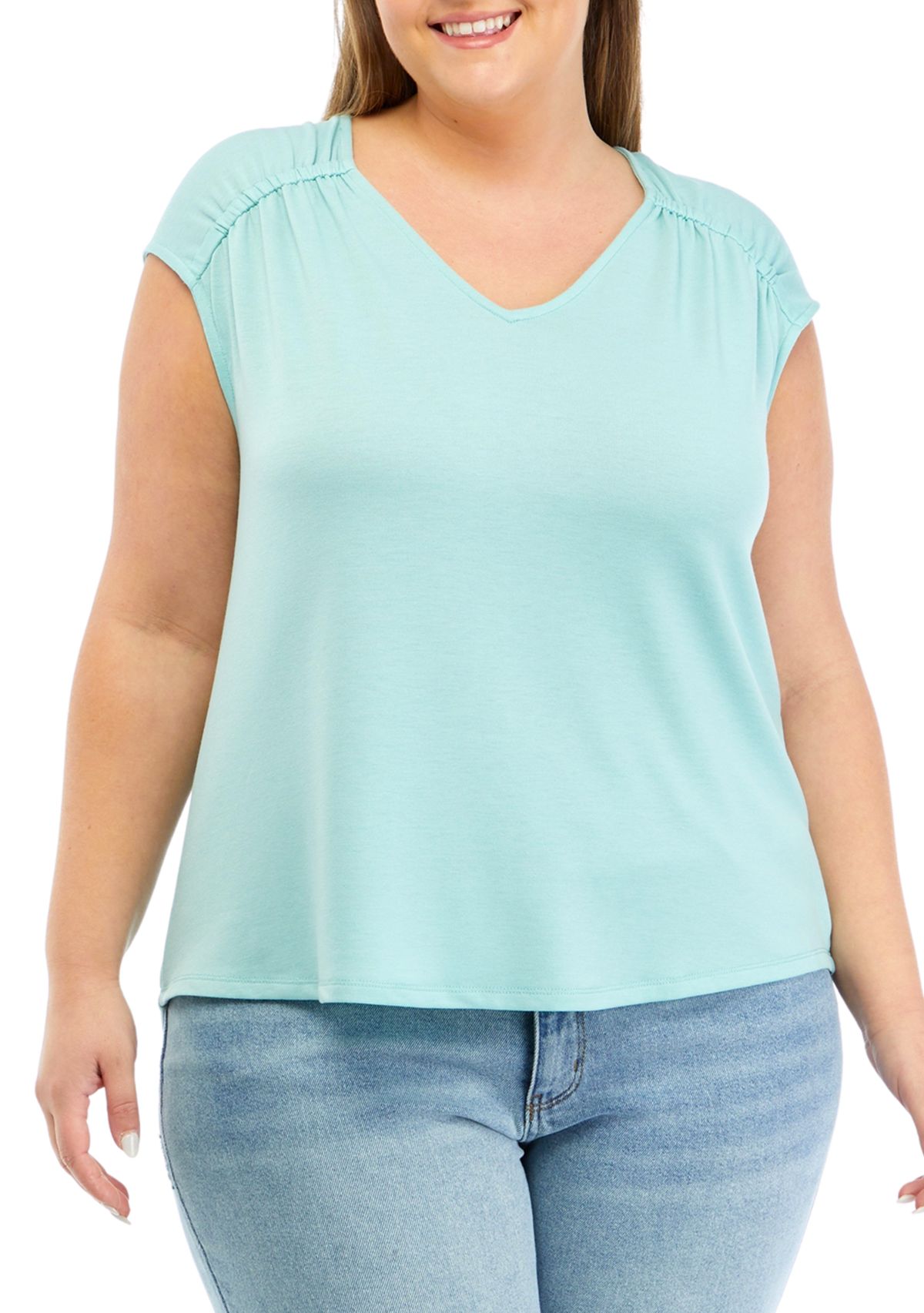 Plus Size Shirred Shoulder V-Neck Top