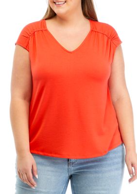 Wonderly Women's Plus Size Shirred Shoulder V-Neck Top, Red, 4X