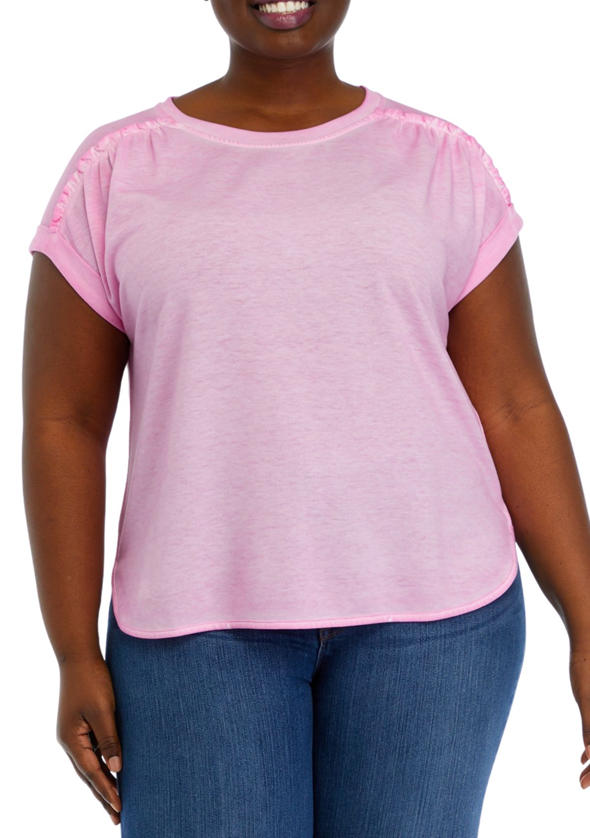 Plus Size Short Sleeve Shirred Shoulder T-Shirt