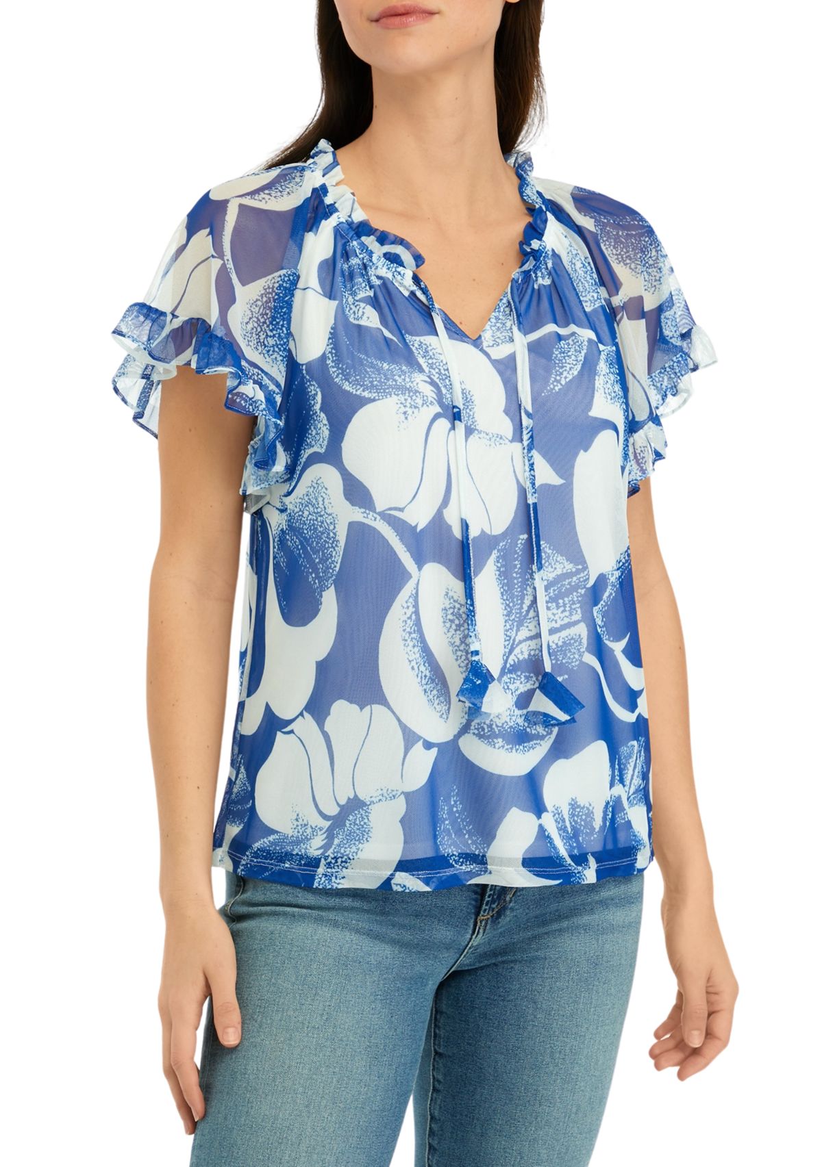 Womens Flutter Sleeve Mesh Floral Top 