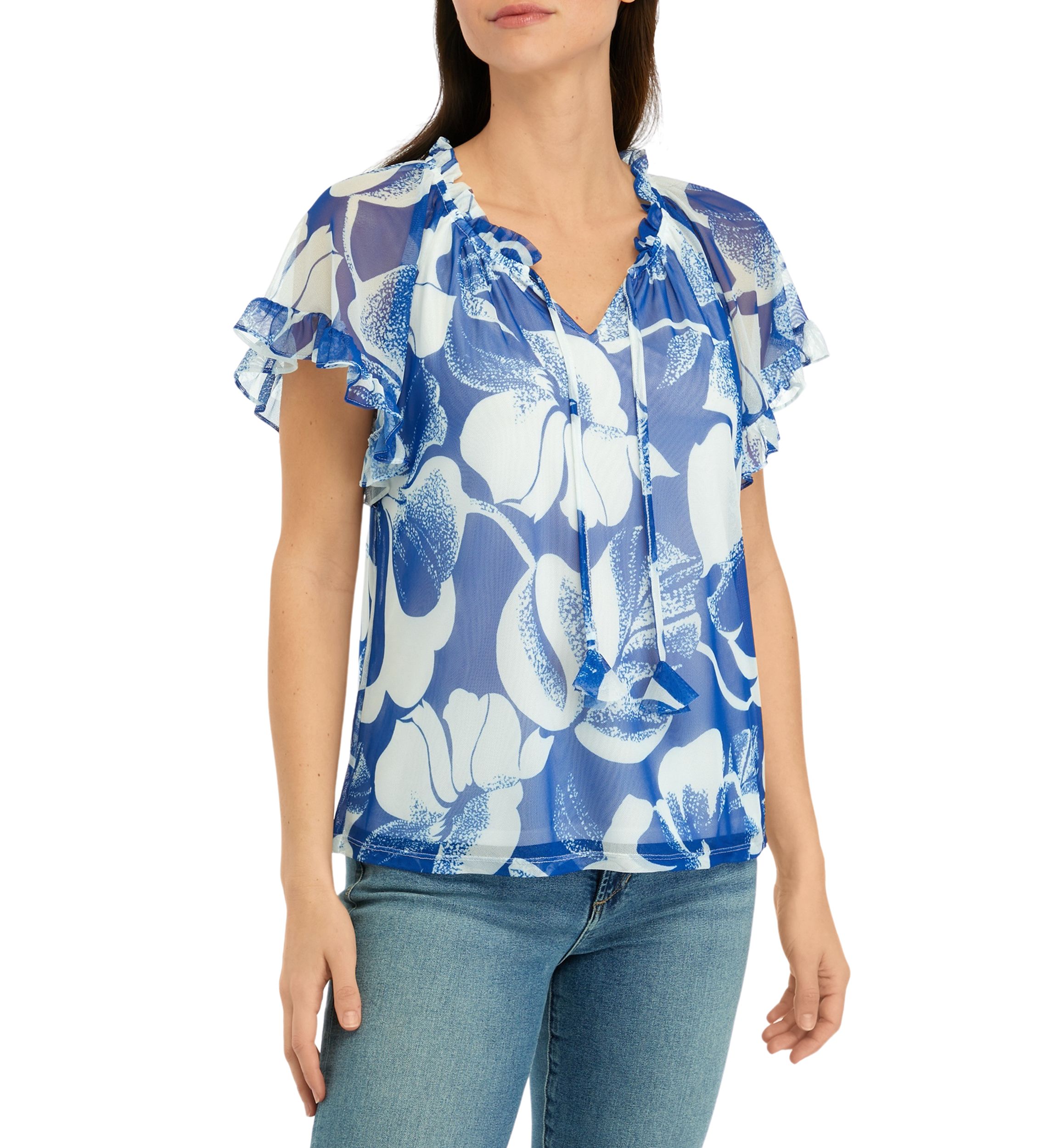 Womens Flutter Sleeve Mesh Floral Top 