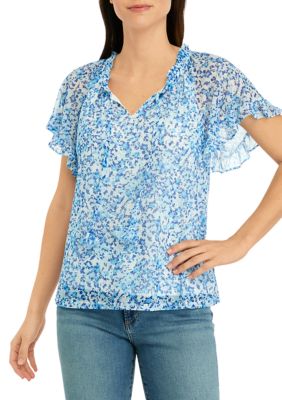 Wonderly Women's Flutter Sleeve Mesh Floral Top, Small
