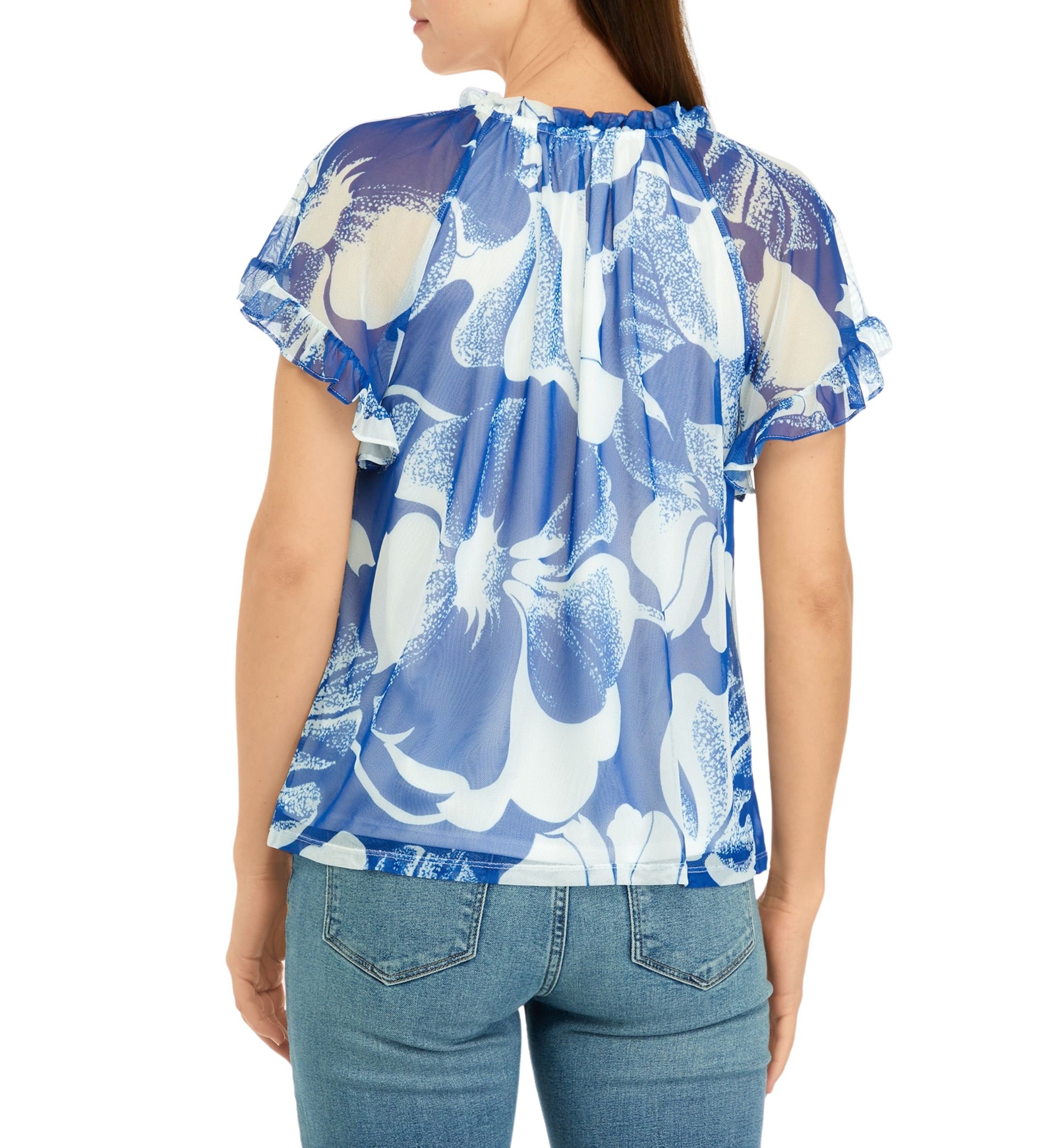 Womens Flutter Sleeve Mesh Floral Top 