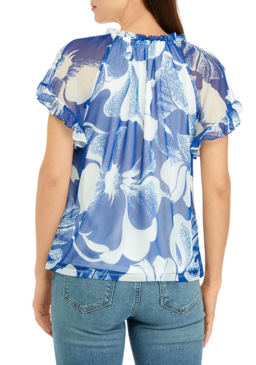 Womens Flutter Sleeve Mesh Floral Top 