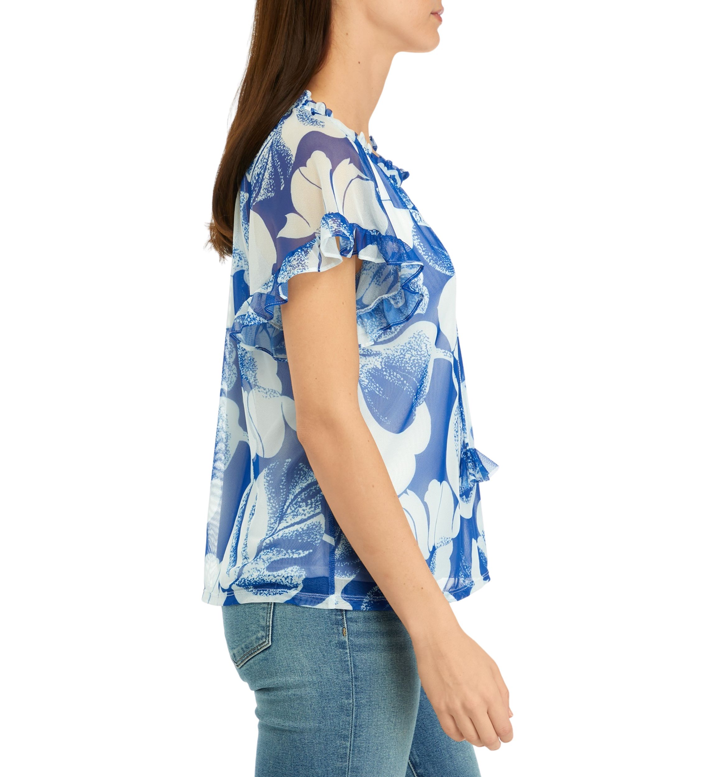Womens Flutter Sleeve Mesh Floral Top 