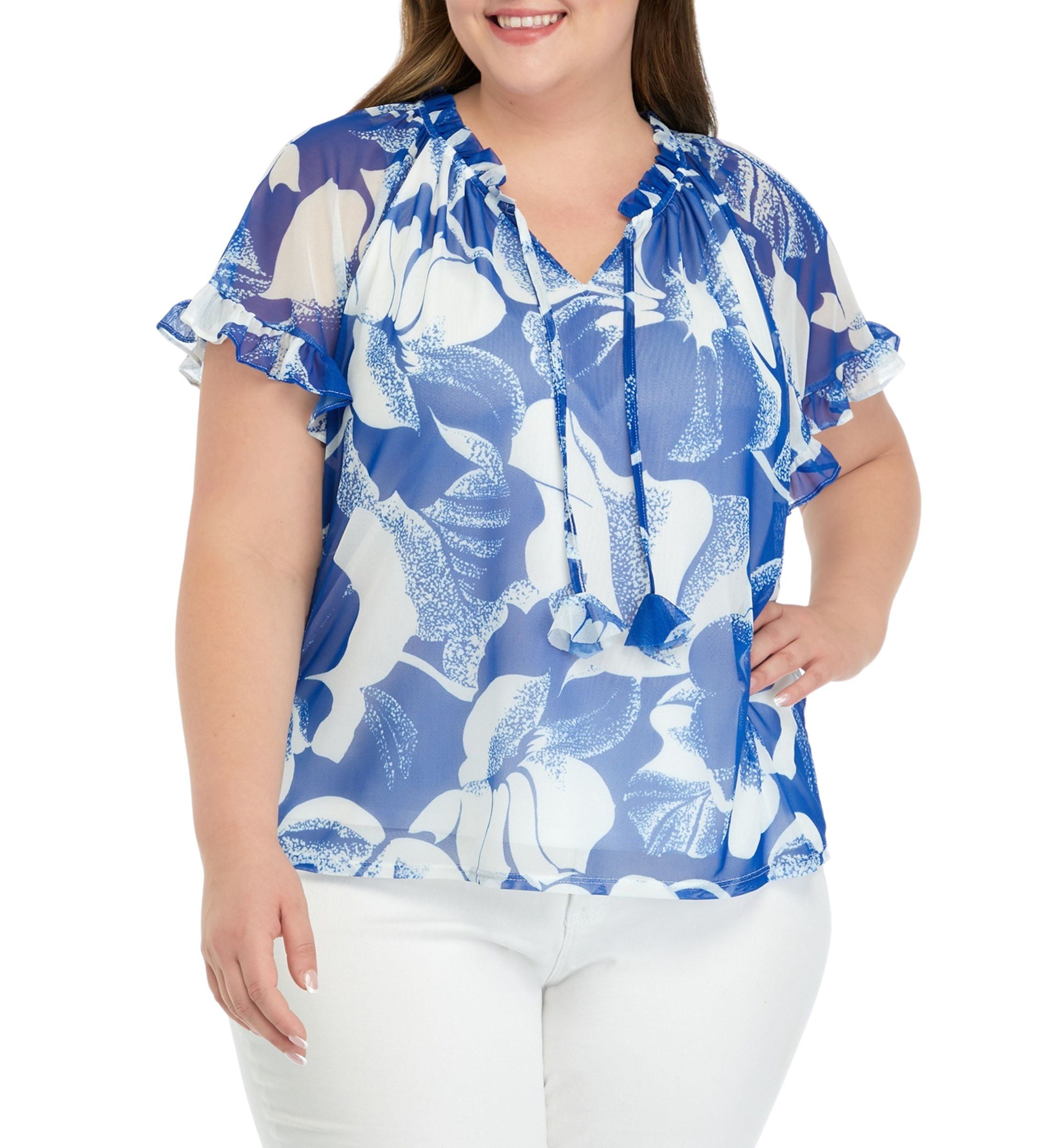 Plus Size Printed Tie Neck Top
