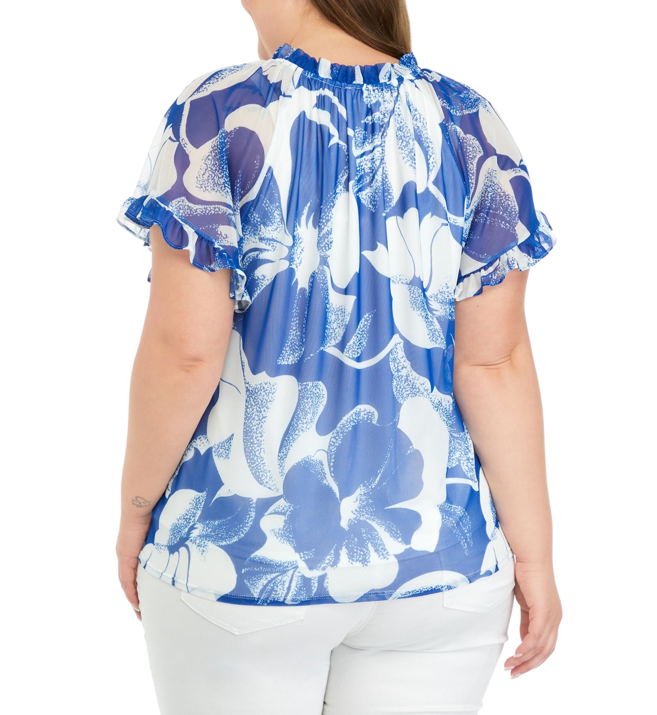 Plus Size Printed Tie Neck Top