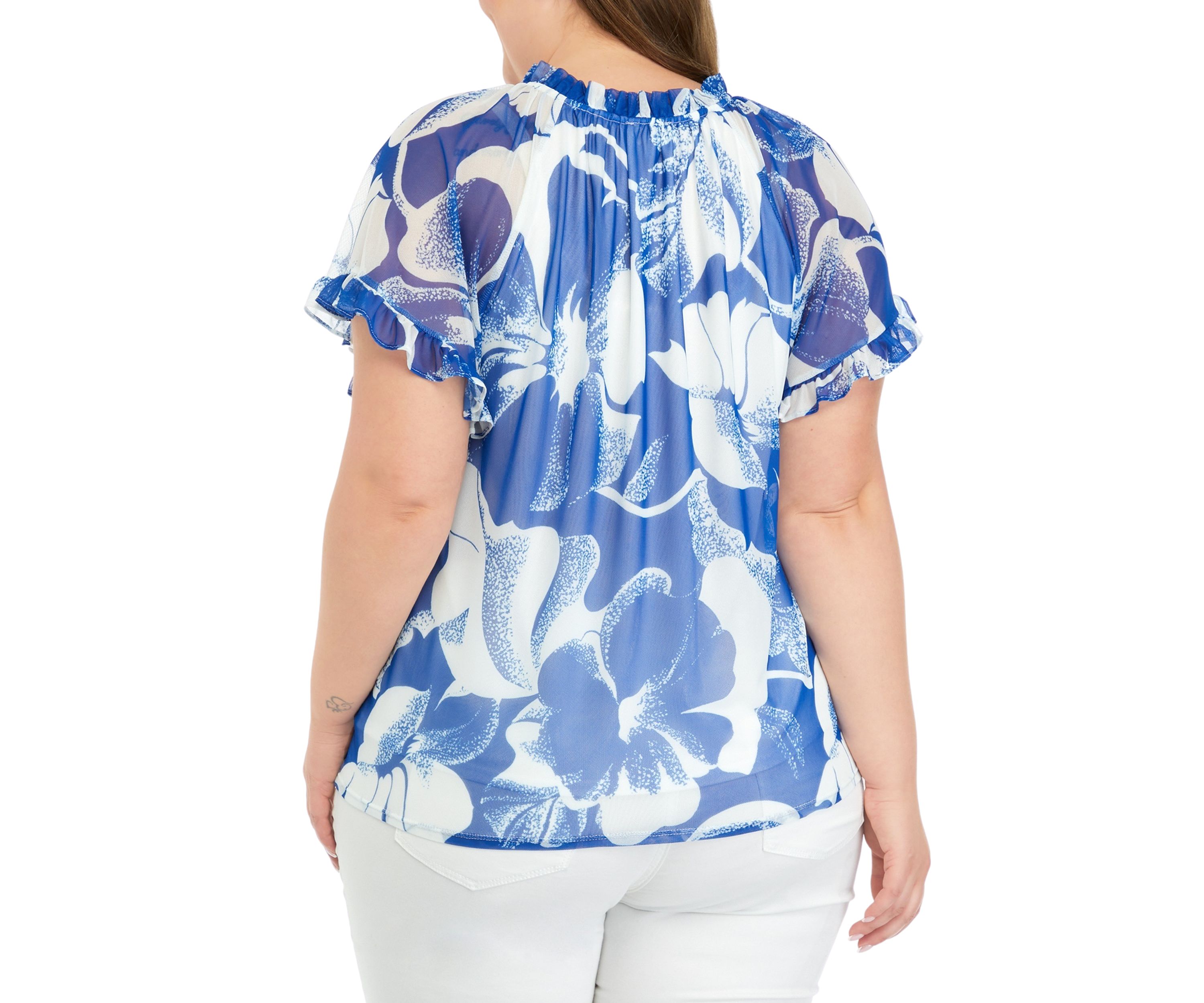 Plus Size Printed Tie Neck Top