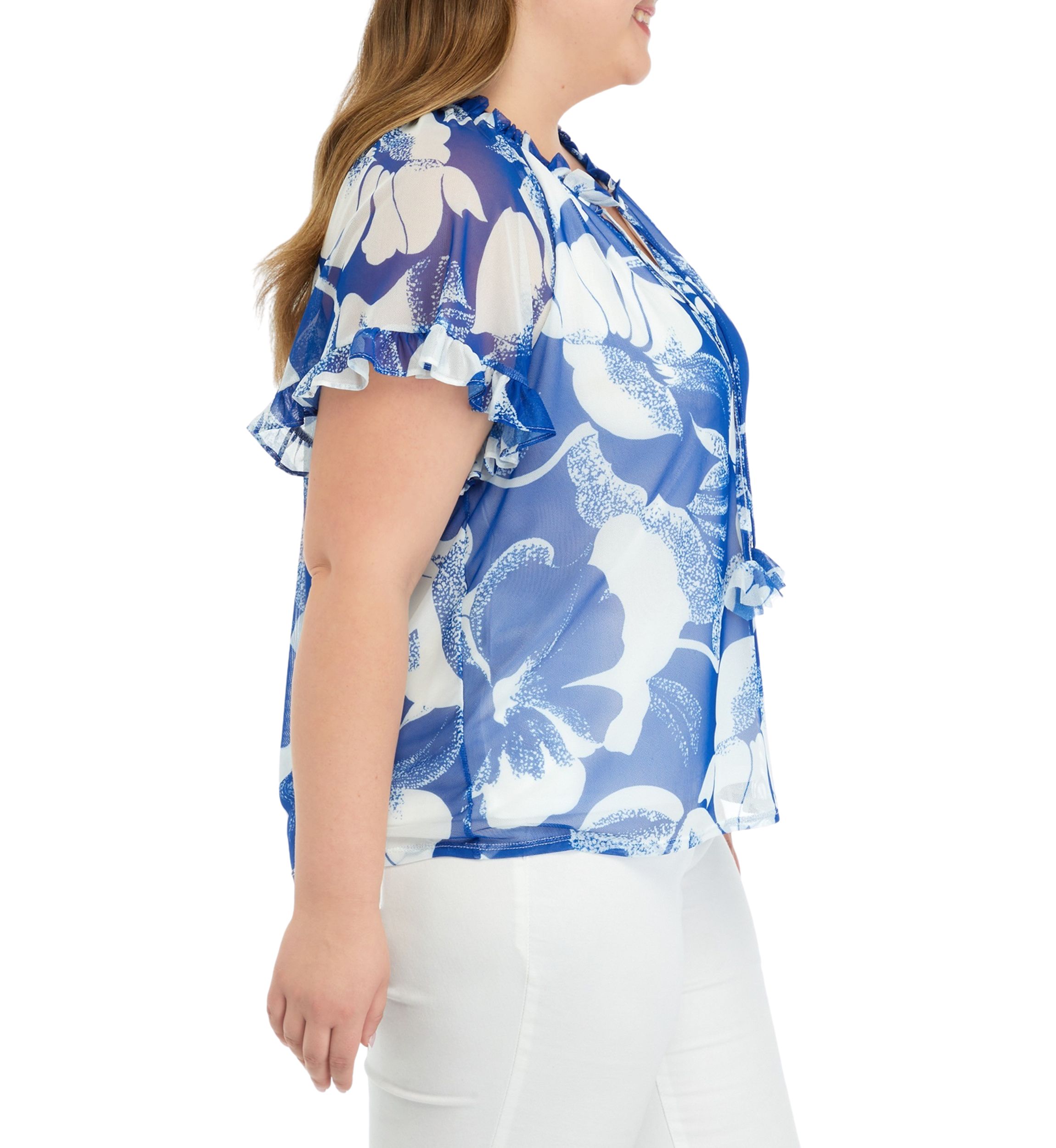 Plus Size Printed Tie Neck Top