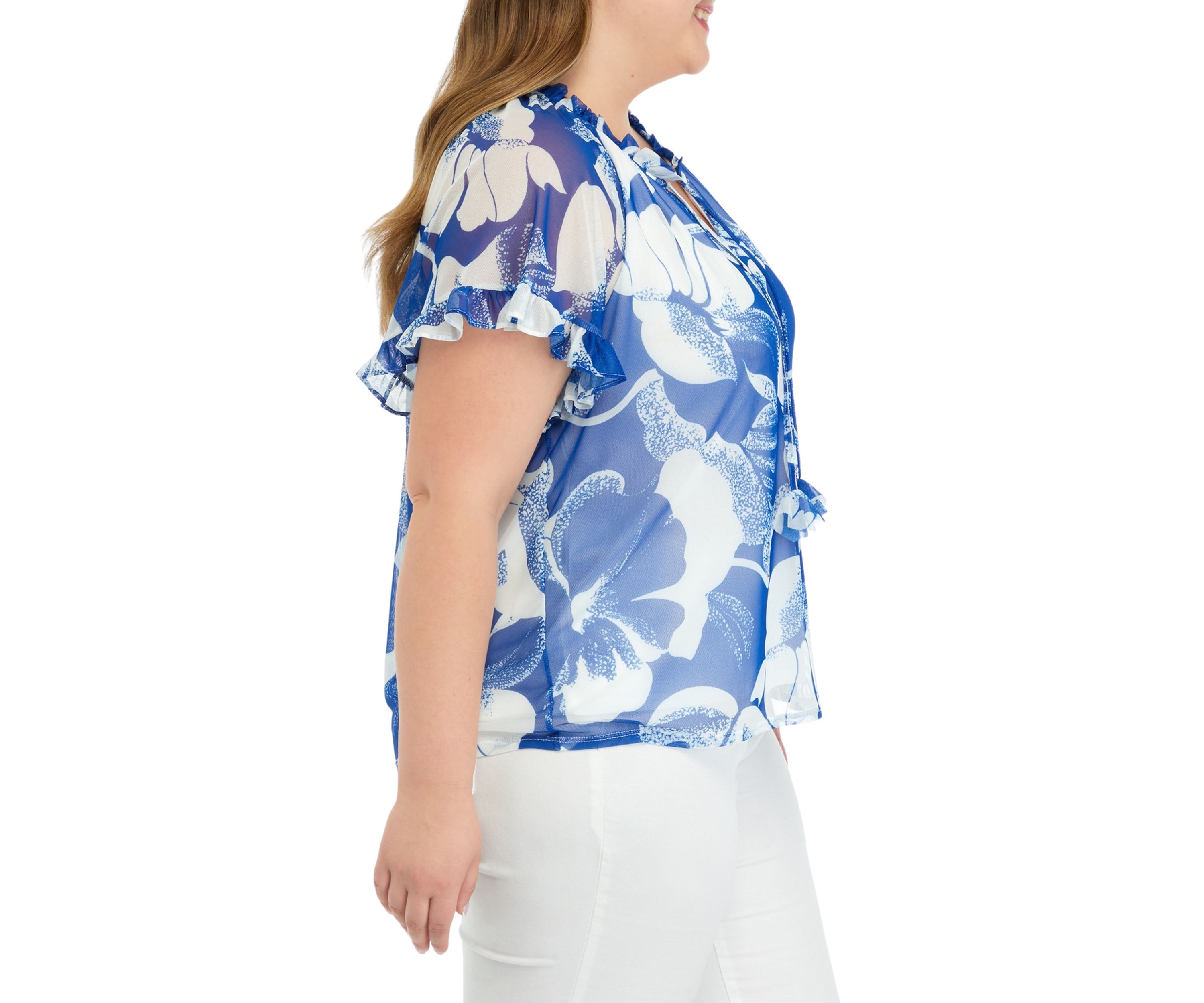 Plus Size Printed Tie Neck Top