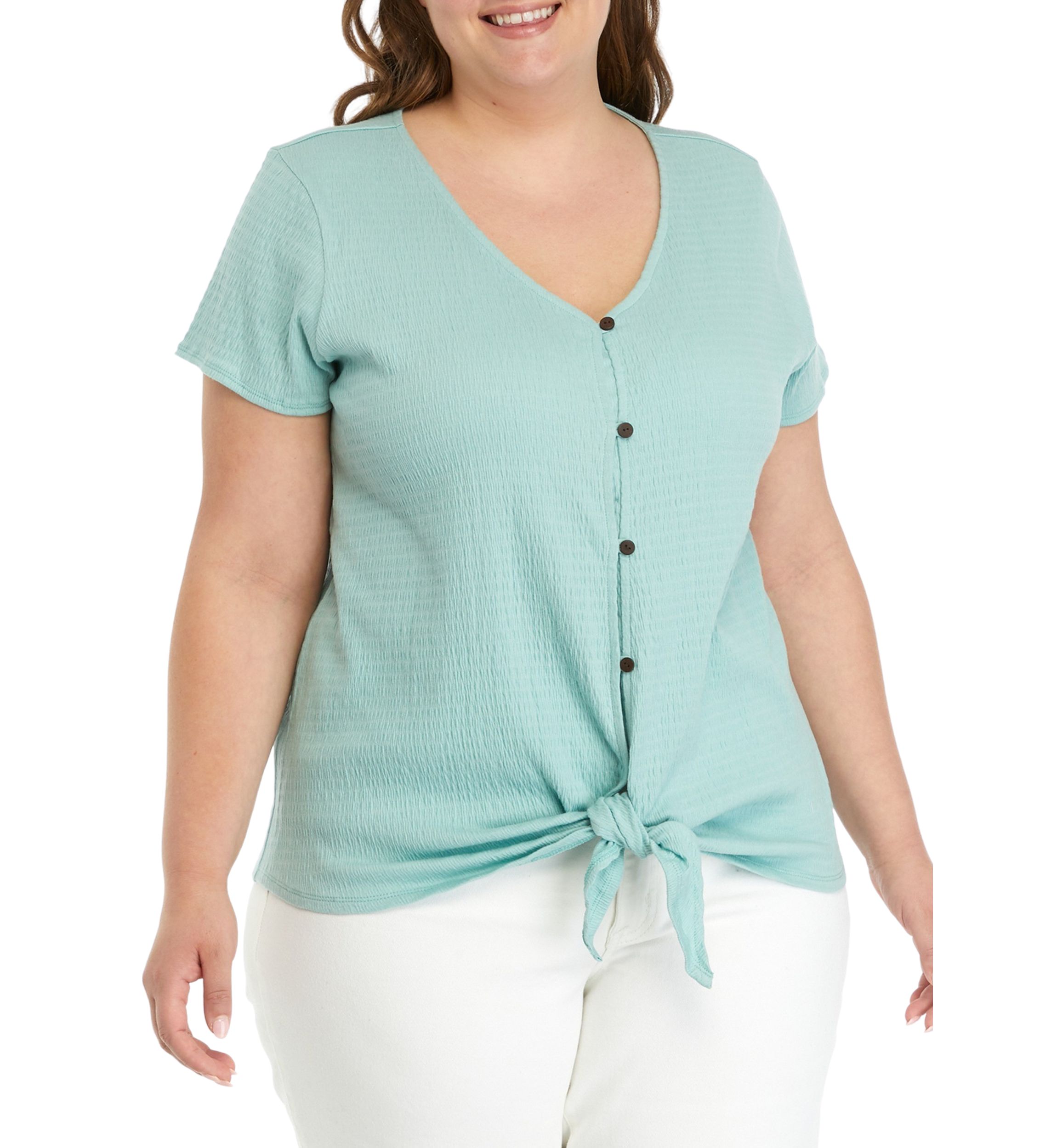 Plus Size Solid Button Down Tie Front Top