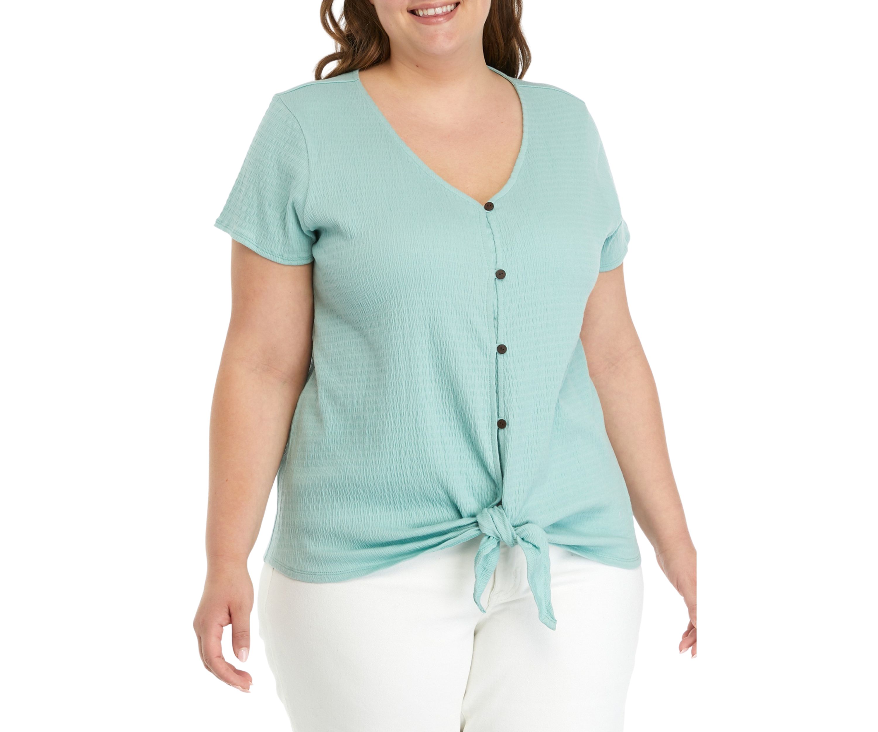 Plus Size Solid Button Down Tie Front Top