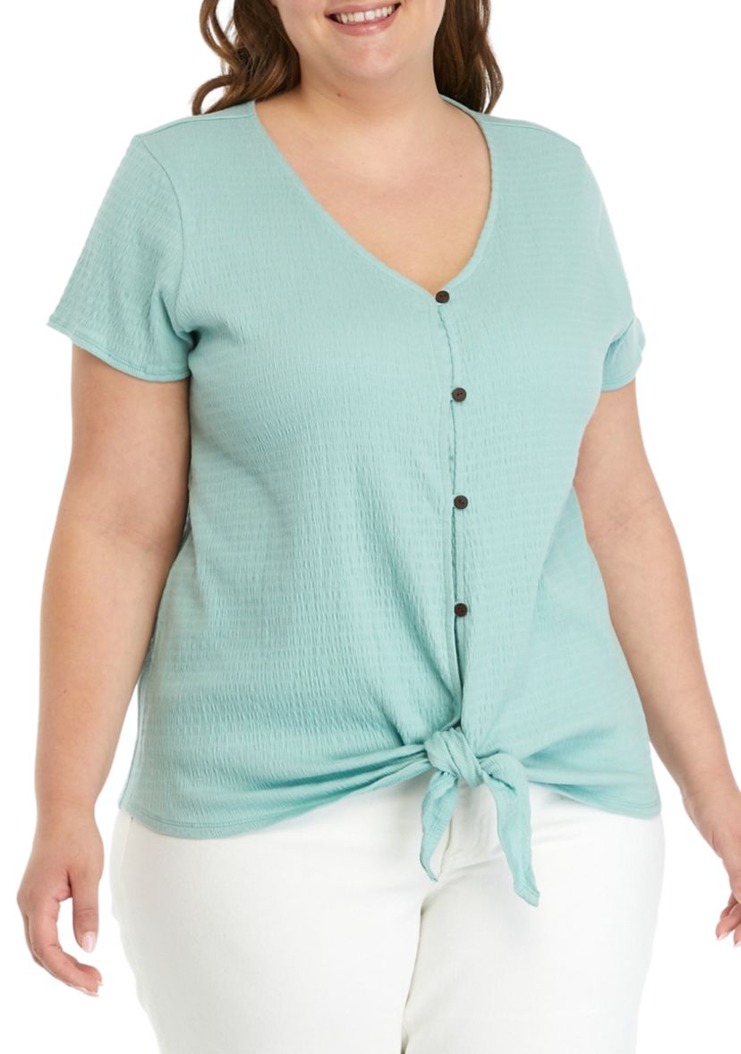 Plus Size Solid Button Down Tie Front Top