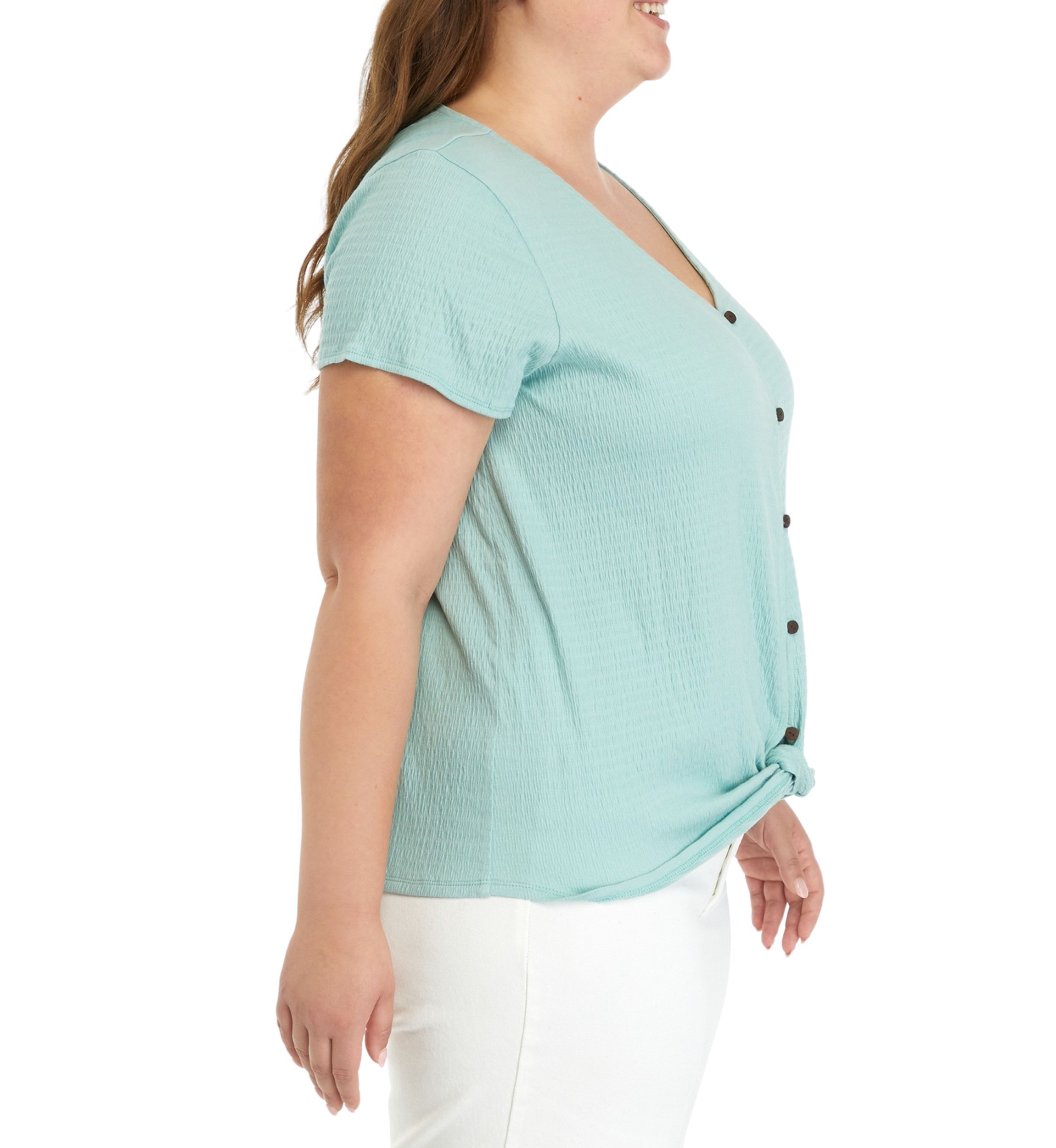 Plus Size Solid Button Down Tie Front Top
