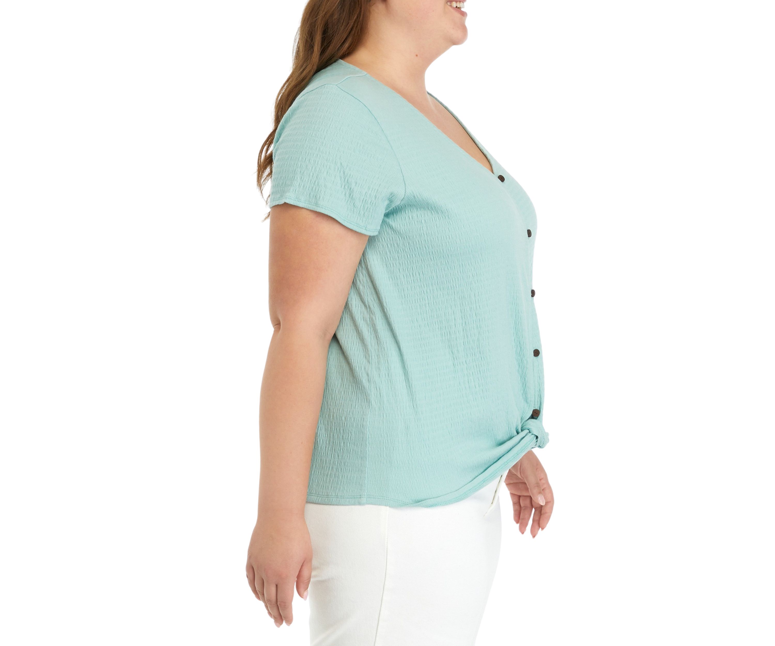 Plus Size Solid Button Down Tie Front Top