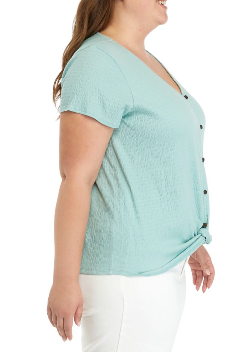 Plus Size Solid Button Down Tie Front Top