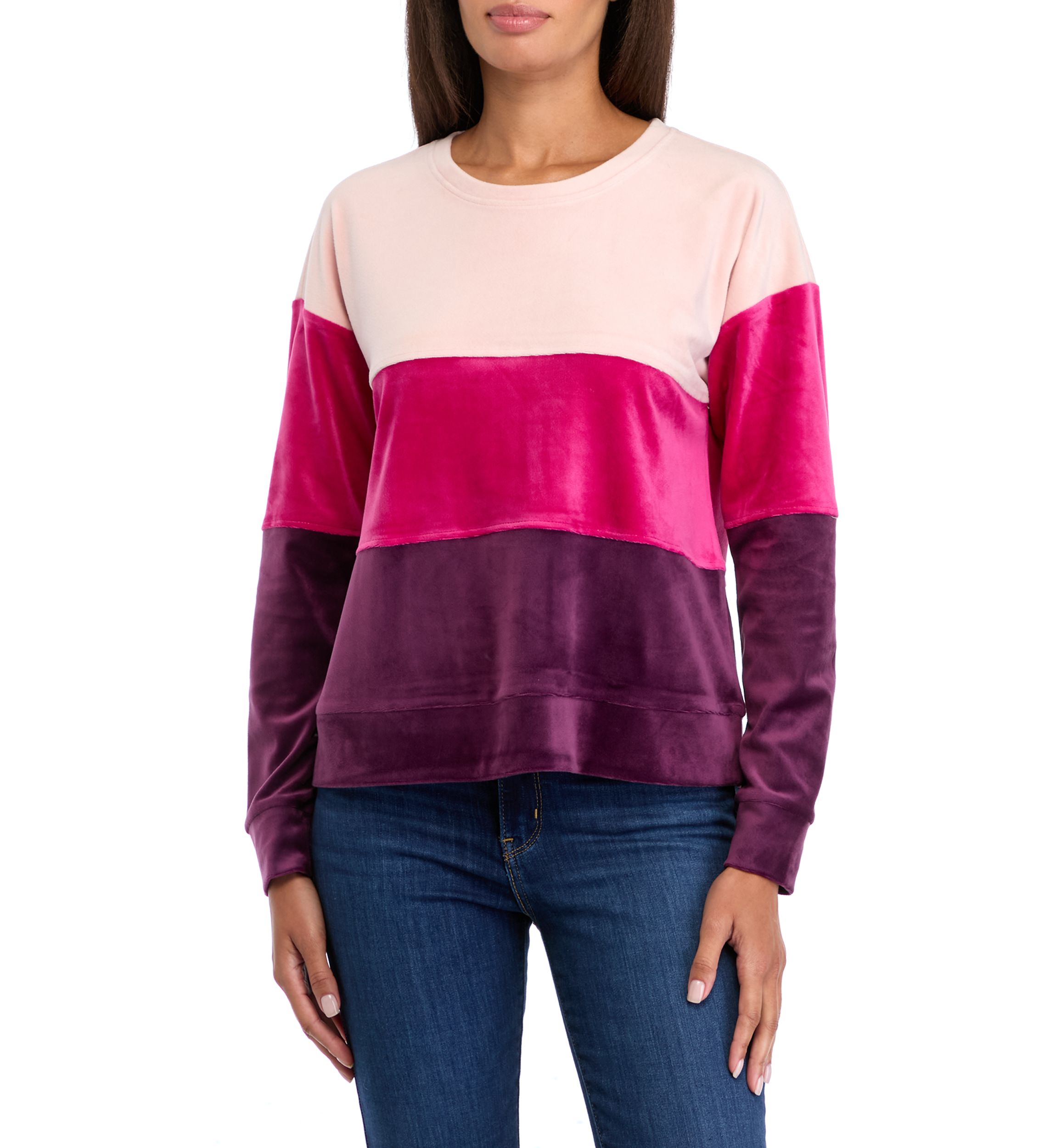 Womens Drop Shoulder Color Block Velour Sweatshirt 