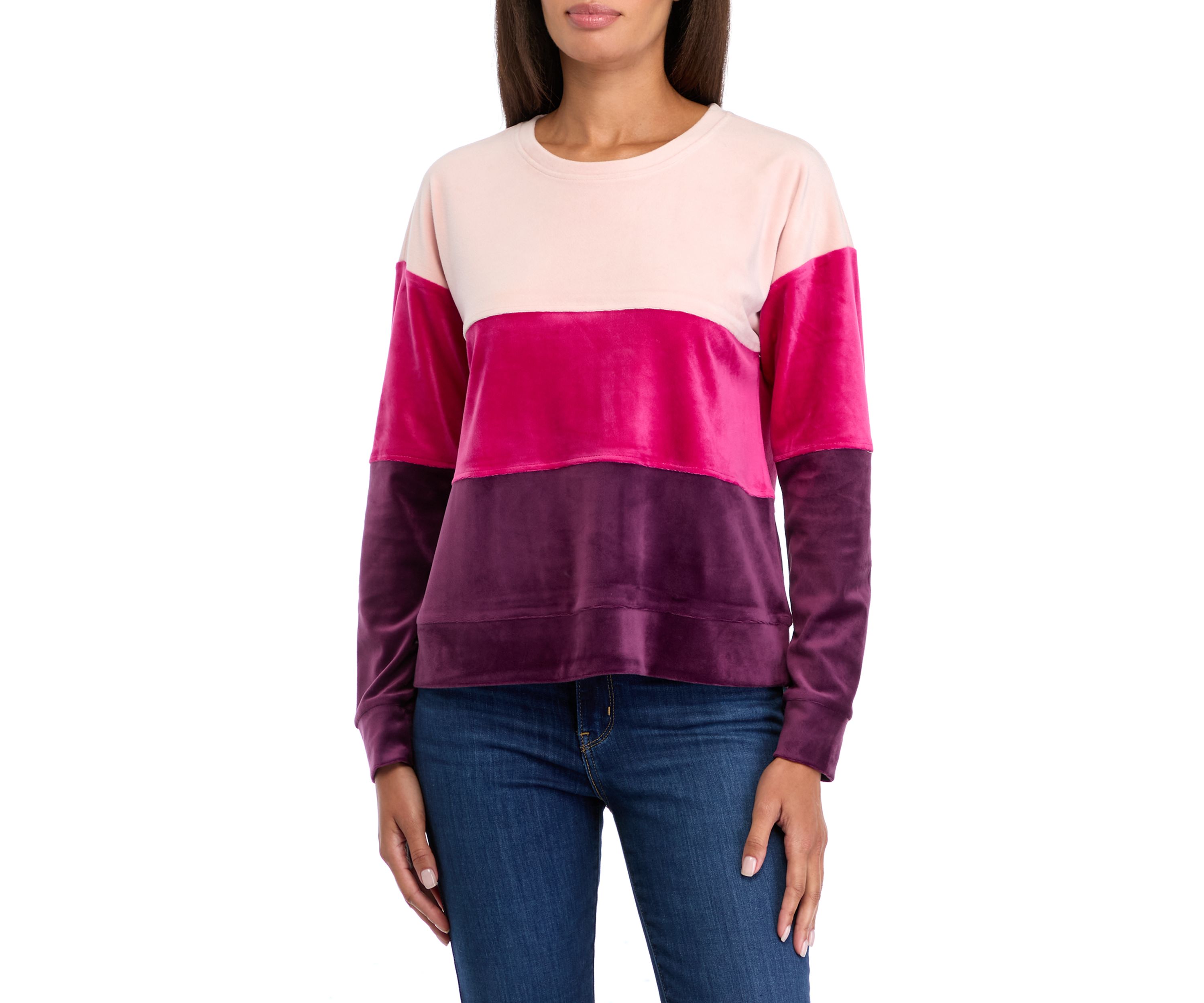 Womens Drop Shoulder Color Block Velour Sweatshirt 