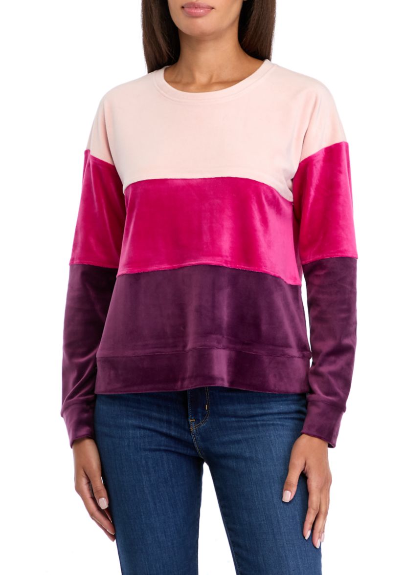 Womens Drop Shoulder Color Block Velour Sweatshirt 