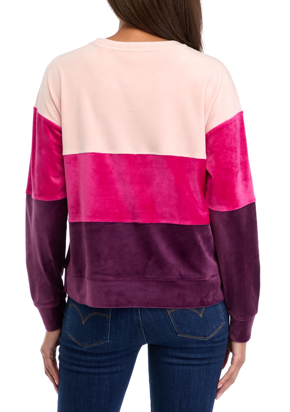 Womens Drop Shoulder Color Block Velour Sweatshirt 