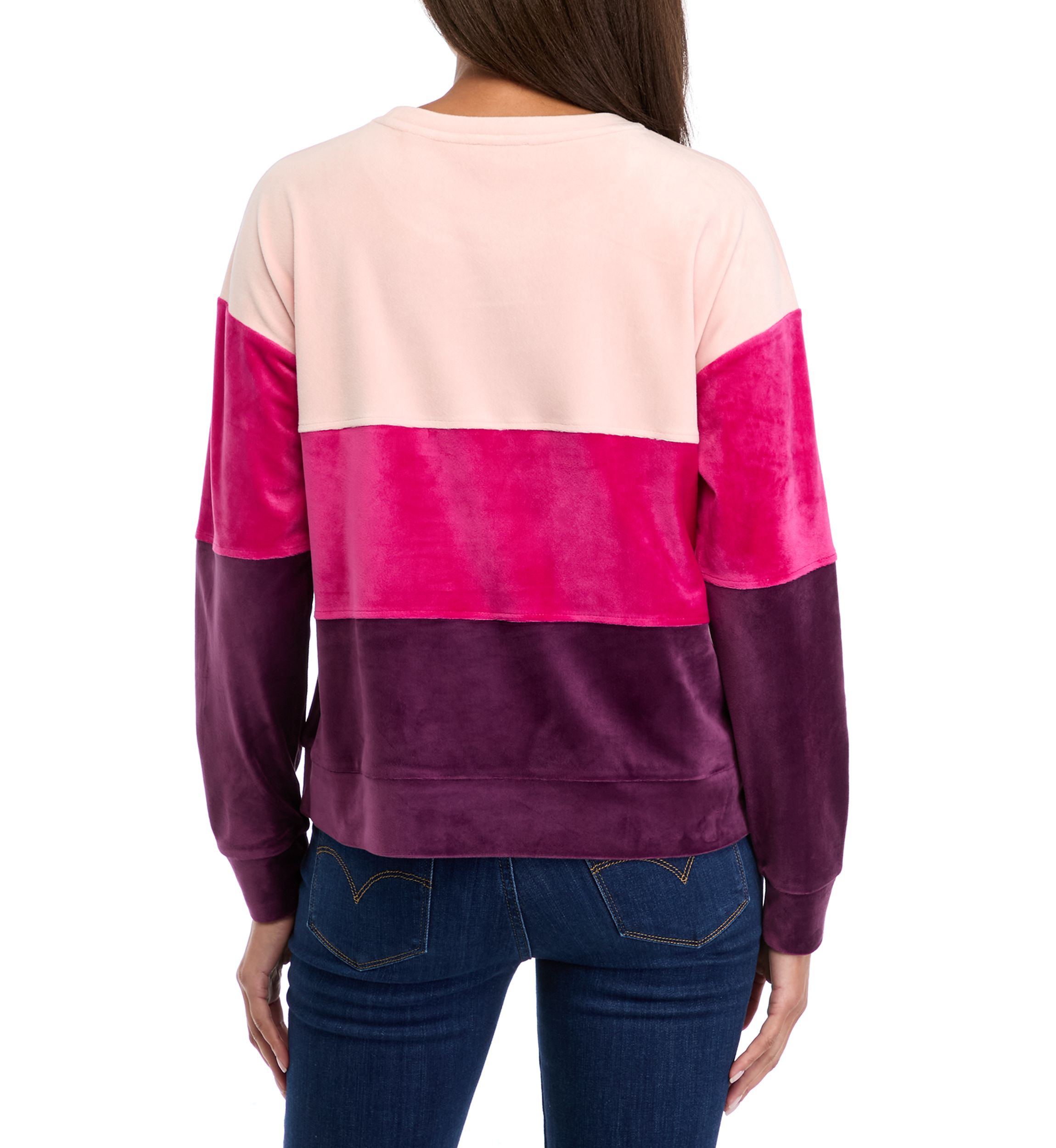 Womens Drop Shoulder Color Block Velour Sweatshirt 
