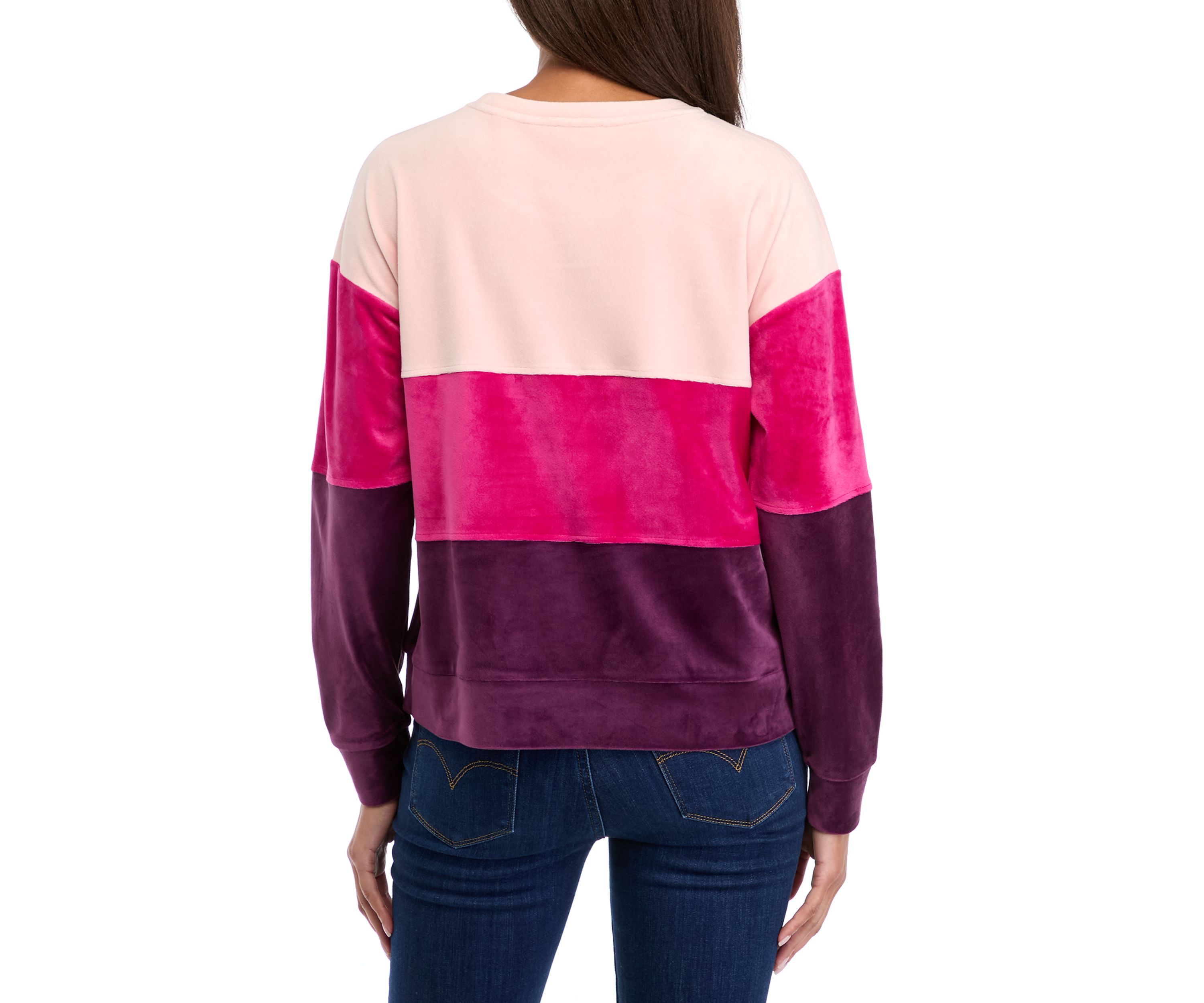 Womens Drop Shoulder Color Block Velour Sweatshirt 