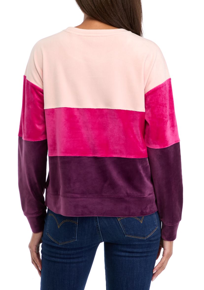 Womens Drop Shoulder Color Block Velour Sweatshirt 