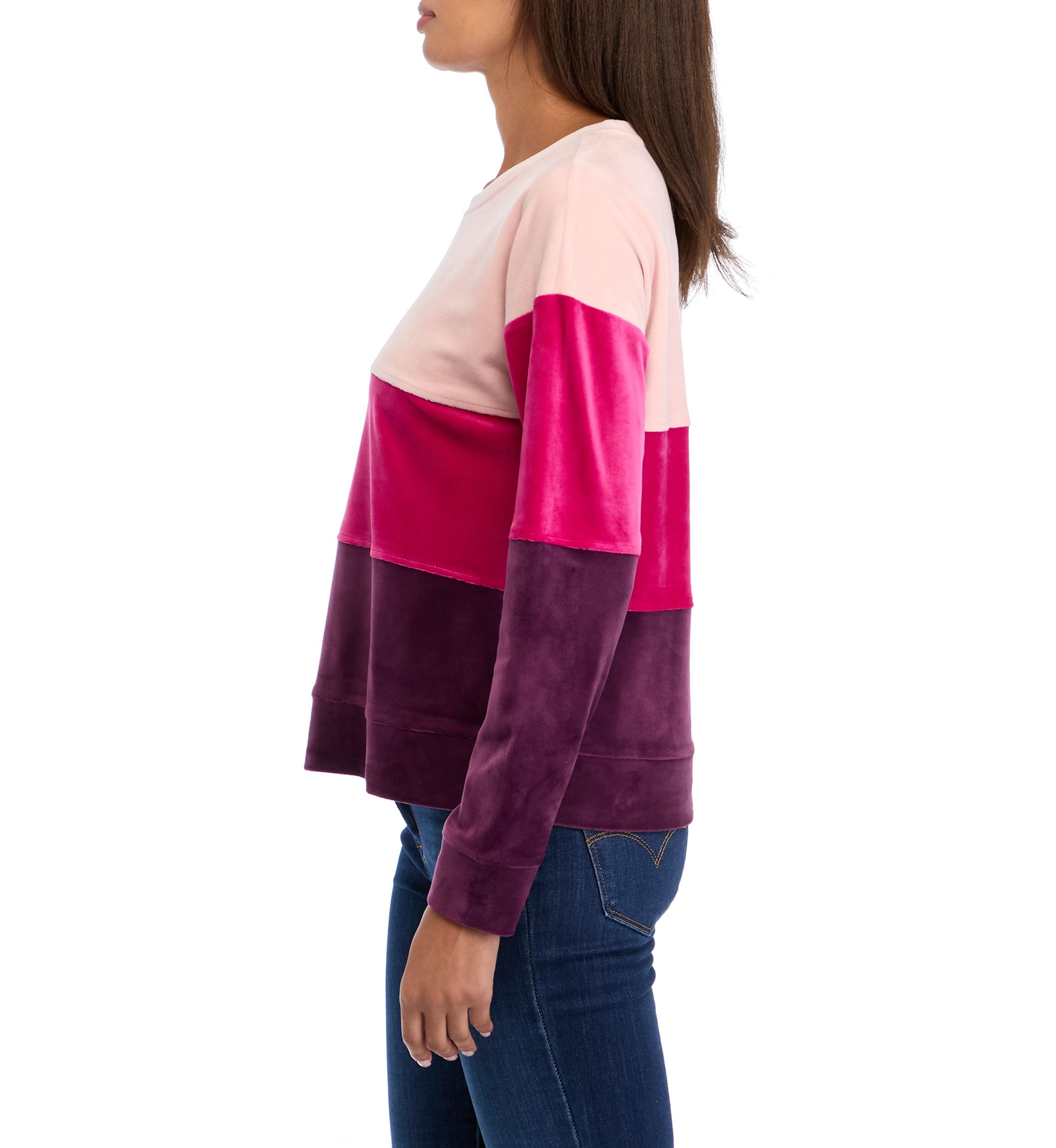 Womens Drop Shoulder Color Block Velour Sweatshirt 