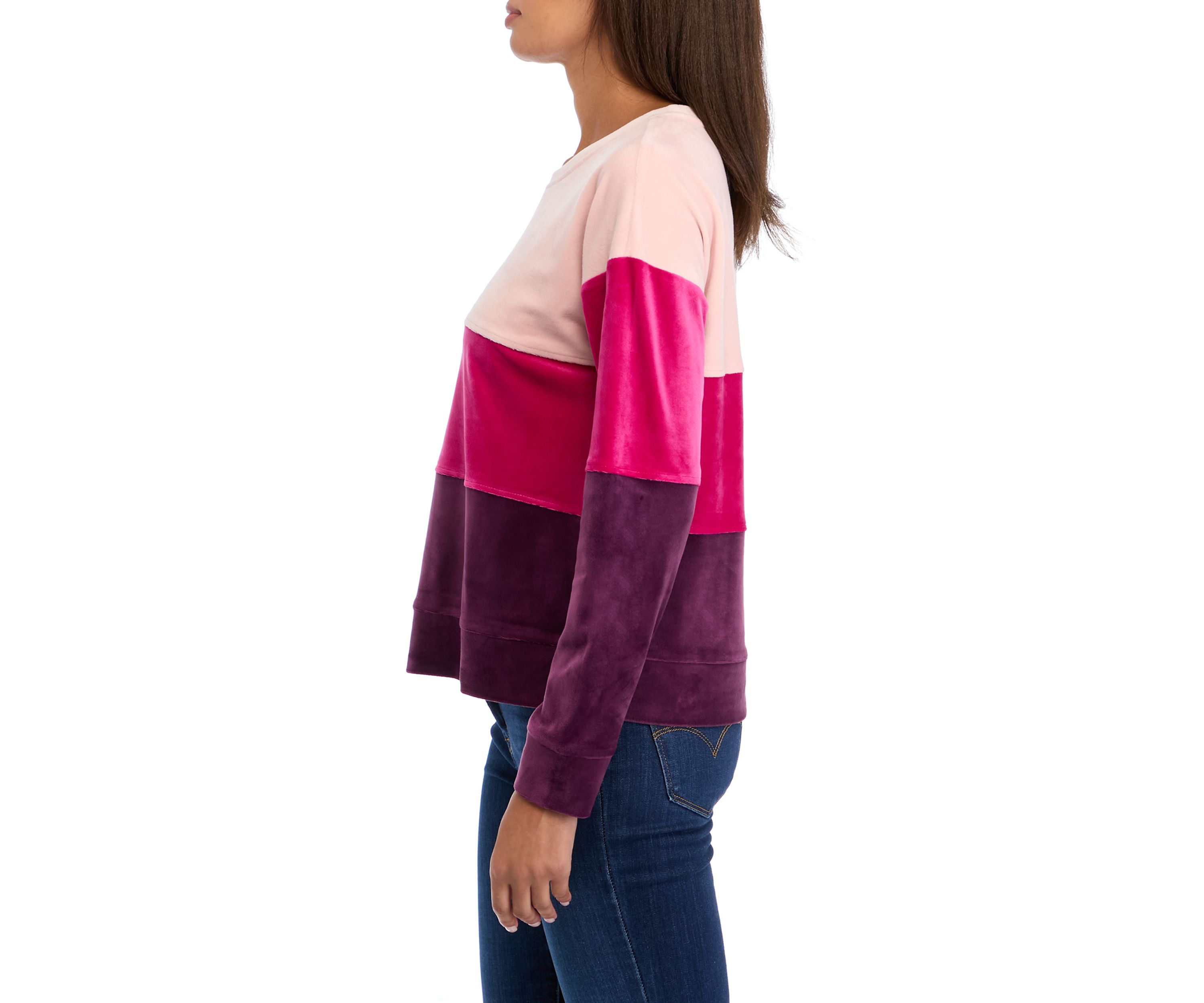 Womens Drop Shoulder Color Block Velour Sweatshirt 