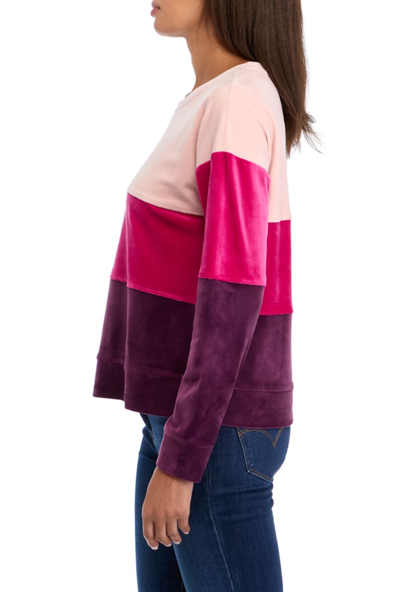 Womens Drop Shoulder Color Block Velour Sweatshirt 